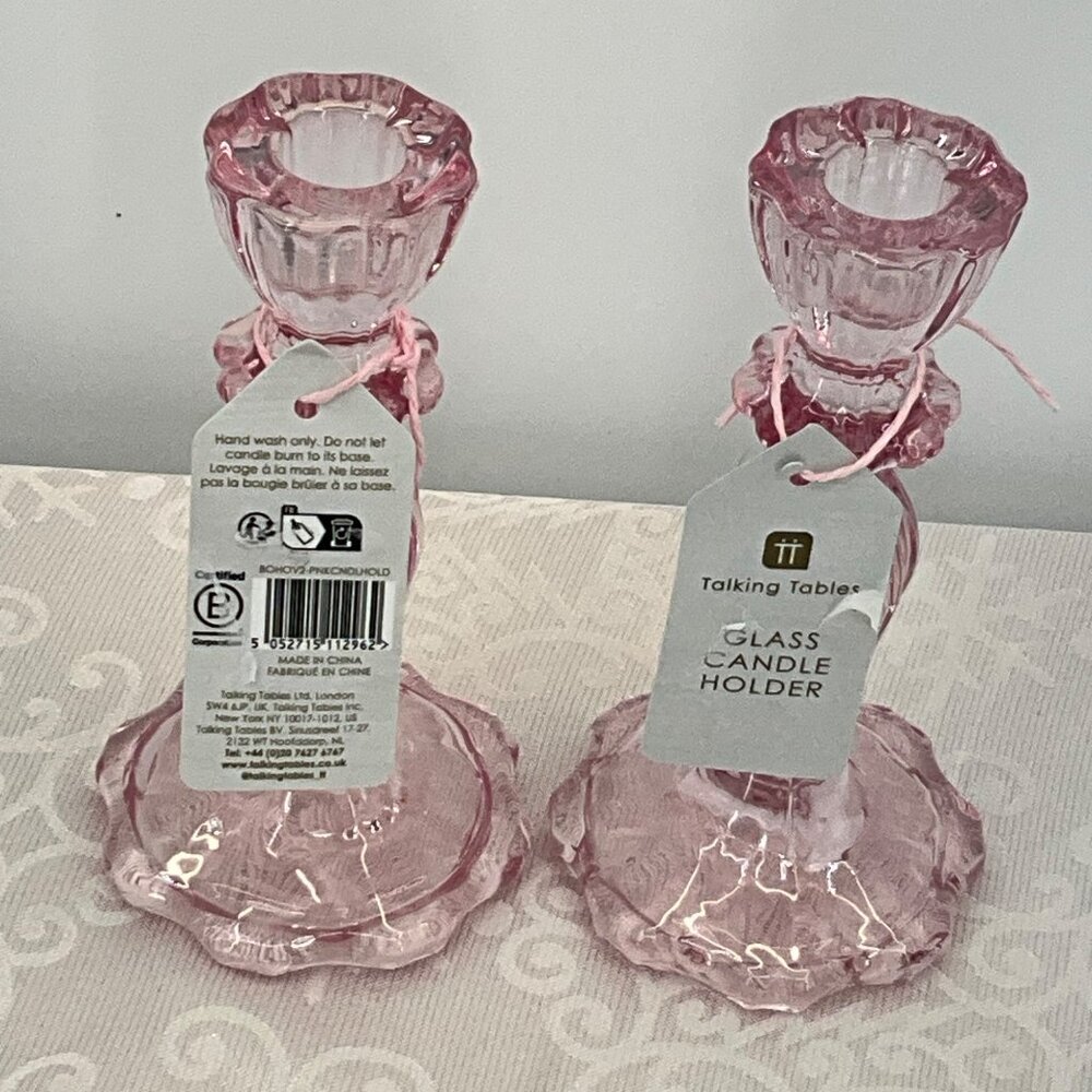 Pink Glass Talking Tables‎ Candle Holders 5.5" Tall Set/2
